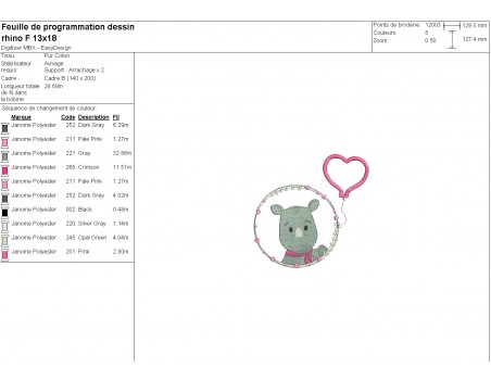 machine embroidery design rhinocéros girl with his customizable applied heart balloon