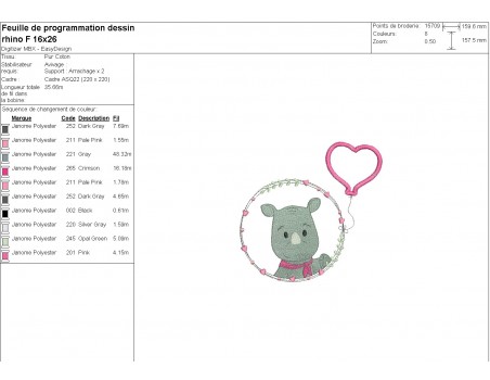 machine embroidery design rhinocéros girl with his customizable applied heart balloon