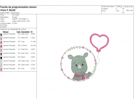 machine embroidery design rhinocéros girl with his customizable applied heart balloon