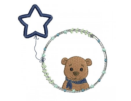Motif de broderie machine ours garçon avec son ballon étoile en appliqué