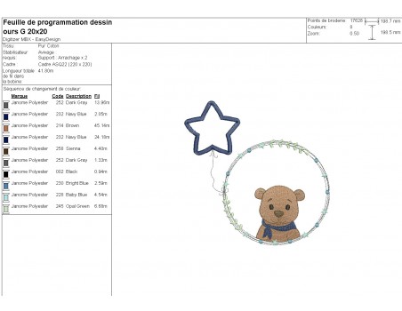 Motif de broderie machine ours garçon avec son ballon étoile en appliqué