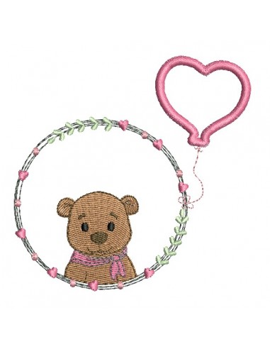 machine embroidery design bear girl with his customizable applied heart balloon