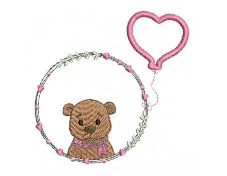 Motif de broderie machine ours fille avec son ballon coeur en appliqué