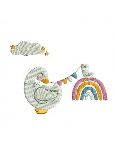 machine embroidery  duck with a rainbow