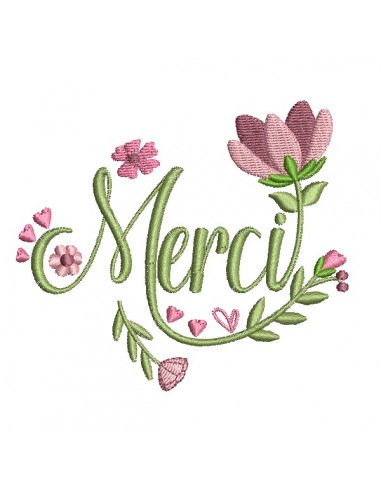 Motif de broderie machine mot merci fleuri