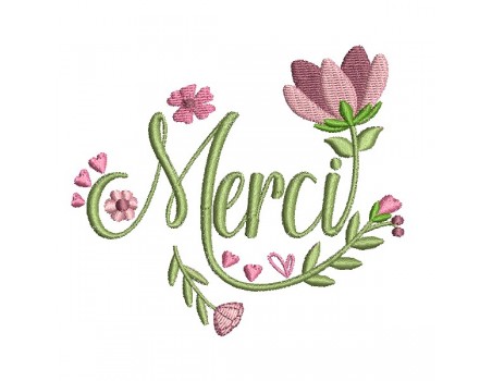 Motif de broderie machine mot merci fleuri