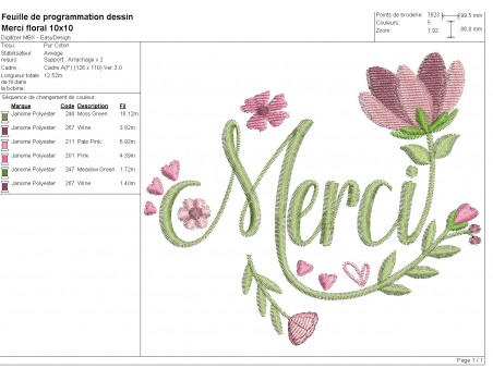 Motif de broderie machine mot merci fleuri