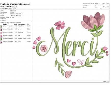 Motif de broderie machine mot merci fleuri
