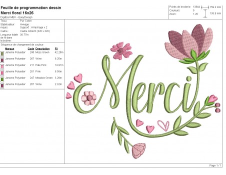 Motif de broderie machine mot merci fleuri