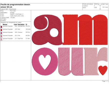 Motif de broderie machine mot amour
