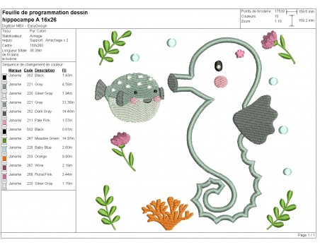 Motif de broderie machine hippocampe en appliqué