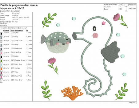 Motif de broderie machine hippocampe en appliqué