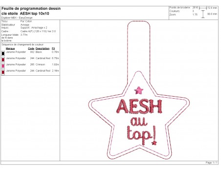 Motif de broderie machine porte clés étoile AESH au top  ITH