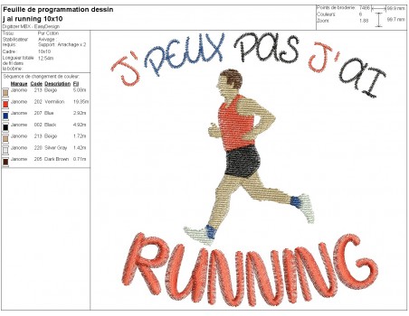 Motif de broderie machine j'peux pas j'ai  running