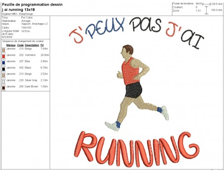 Motif de broderie machine j'peux pas j'ai  running