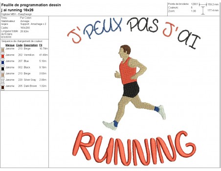 Motif de broderie machine j'peux pas j'ai  running