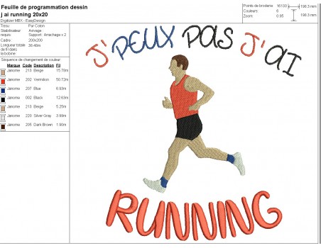 Motif de broderie machine j'peux pas j'ai  running