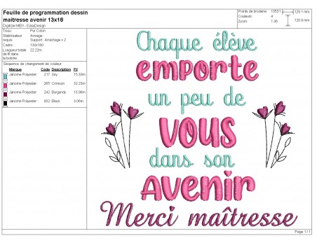 Motif de broderie machine  maîtresse avenir