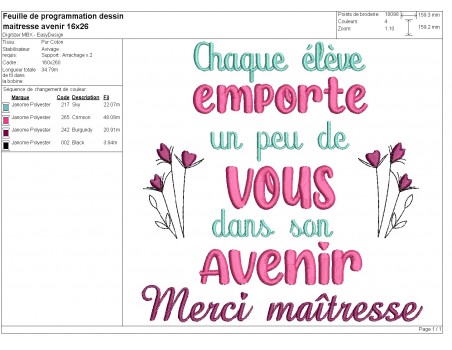 Motif de broderie machine  maîtresse avenir