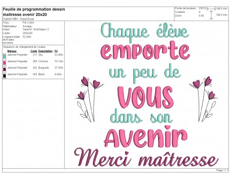 Motif de broderie machine  maîtresse avenir