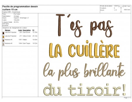 Motif de broderie machine t'es pas la cuillère