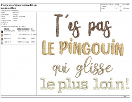 Motif de broderie machine t'es pas le pingouin