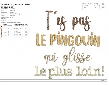 Motif de broderie machine t'es pas le pingouin