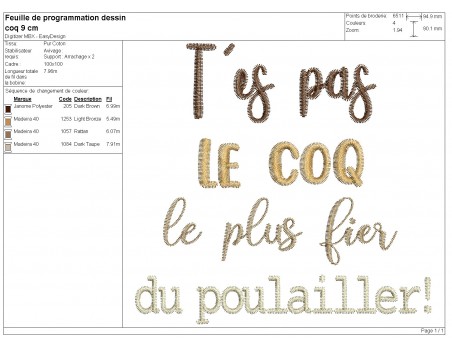 Motif de broderie machine t'es pas le coq
