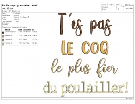 Motif de broderie machine t'es pas le coq