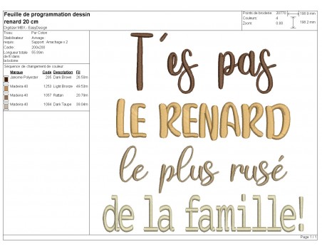 Motif de broderie machine t'es pas le renard