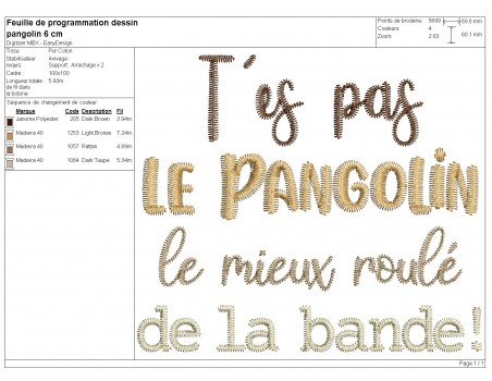 Motif de broderie machine t'es pas le pangolin