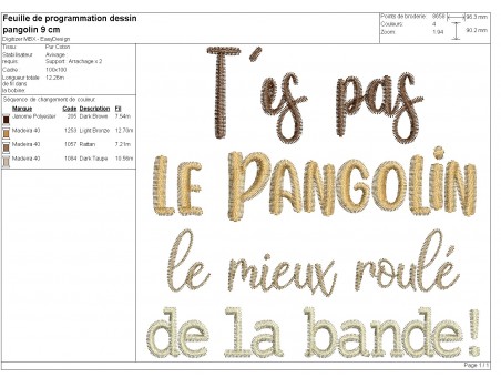 Motif de broderie machine t'es pas le pangolin