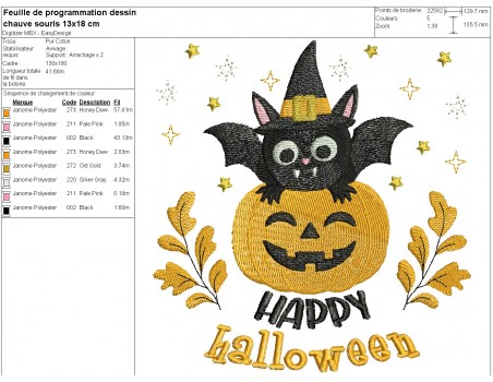 Motif de broderie machine  chauve souris d' halloween