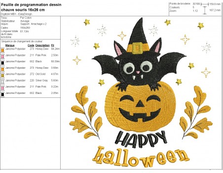 Motif de broderie machine  chauve souris d' halloween