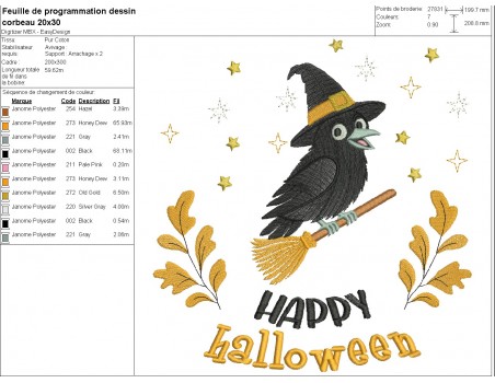 Motif de broderie machine  corbeau d' halloween