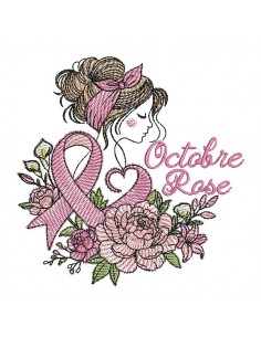 Motif de broderie machine femme fleur ruban Octobre Rose