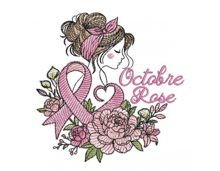 Motif de broderie machine femme fleur ruban Octobre Rose