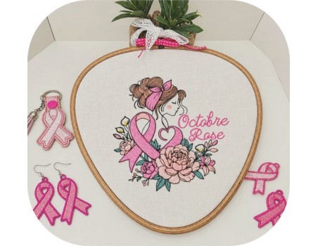machine  embroidery design  free woman flower october pink ribbon