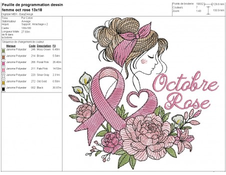 Motif de broderie machine femme fleur ruban Octobre Rose