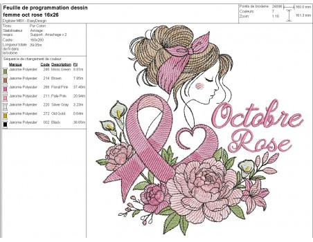Motif de broderie machine femme fleur ruban Octobre Rose