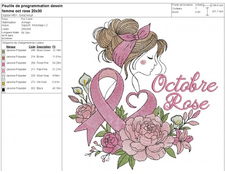 Motif de broderie machine femme fleur ruban Octobre Rose