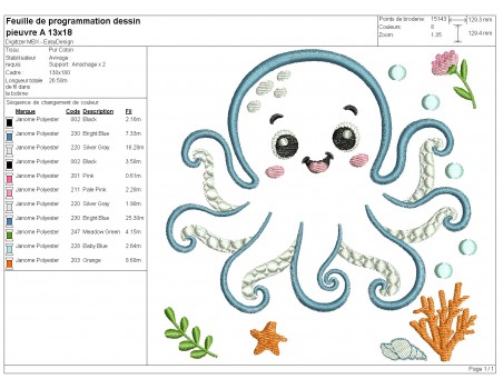 Motif de broderie machine pieuvre  en appliqué