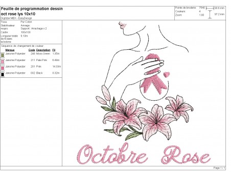 Motif de broderie machine femme lys ruban Octobre Rose