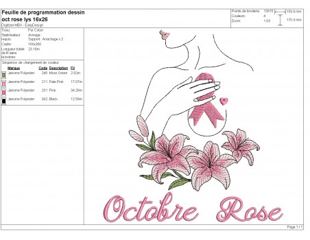 Motif de broderie machine femme lys ruban Octobre Rose
