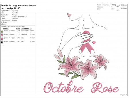 Motif de broderie machine femme lys ruban Octobre Rose