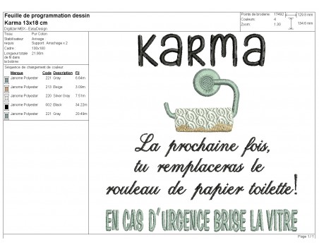 Motif de broderie machine Karma papier wc