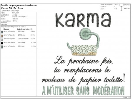 Motif de broderie machine karma essuie mains