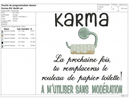 Motif de broderie machine karma essuie mains