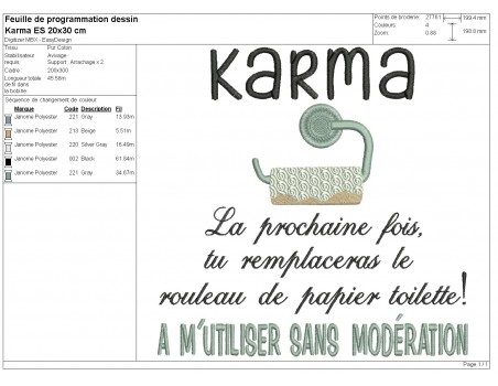 Motif de broderie machine karma essuie mains