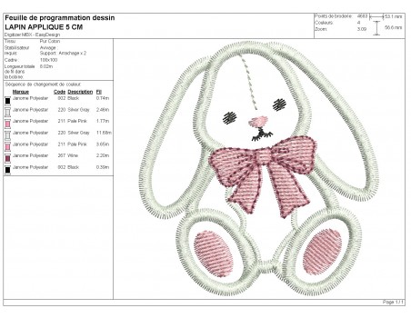 Motif de broderie machine lapin  en appliqué